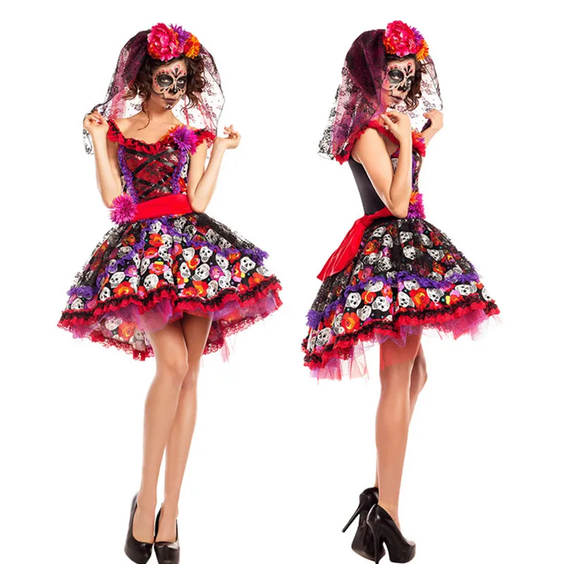 

Women Halloween Sexy Creative Skull Ghost Corpse Bride Costume Skeleton Day of The Dead Costume Cosplay Flower Fairy Fancy Dress