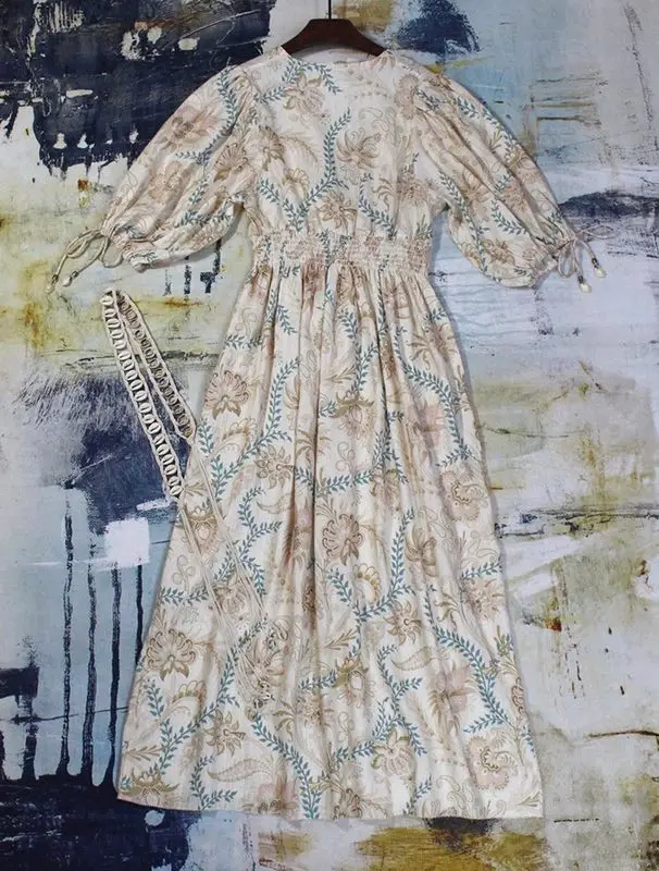 Женское летнее новое льняное платье с принтом листьев и v-образным вырезом с пышными рукавами с поясом и высокой талией