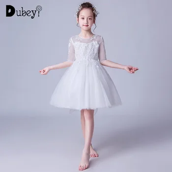 

White Half Sleeve Flower Girl Princess Dress for Wedding and Birthday Party Elegant White Evening Prom Dress for Teenager Girl