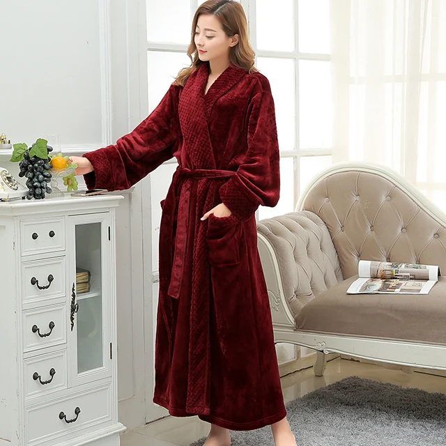 Women Extra Long Soft as Silk Flannel Bath Robe Femme Winter Warm