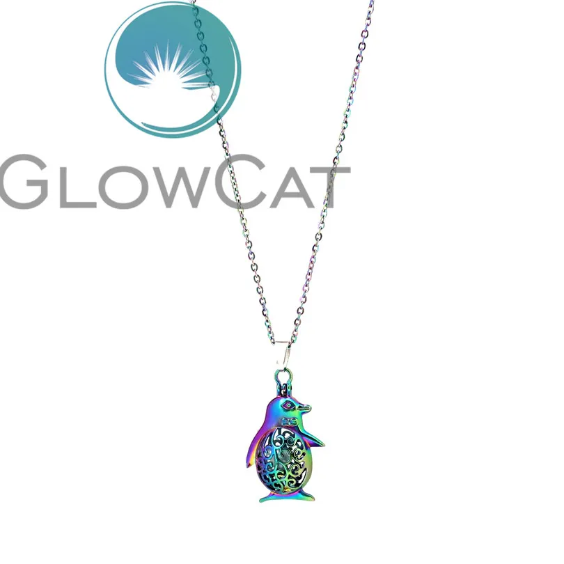 C125 Rainbow Colorful Beads Cage Penguin Charms Locket Steel Chain 18"