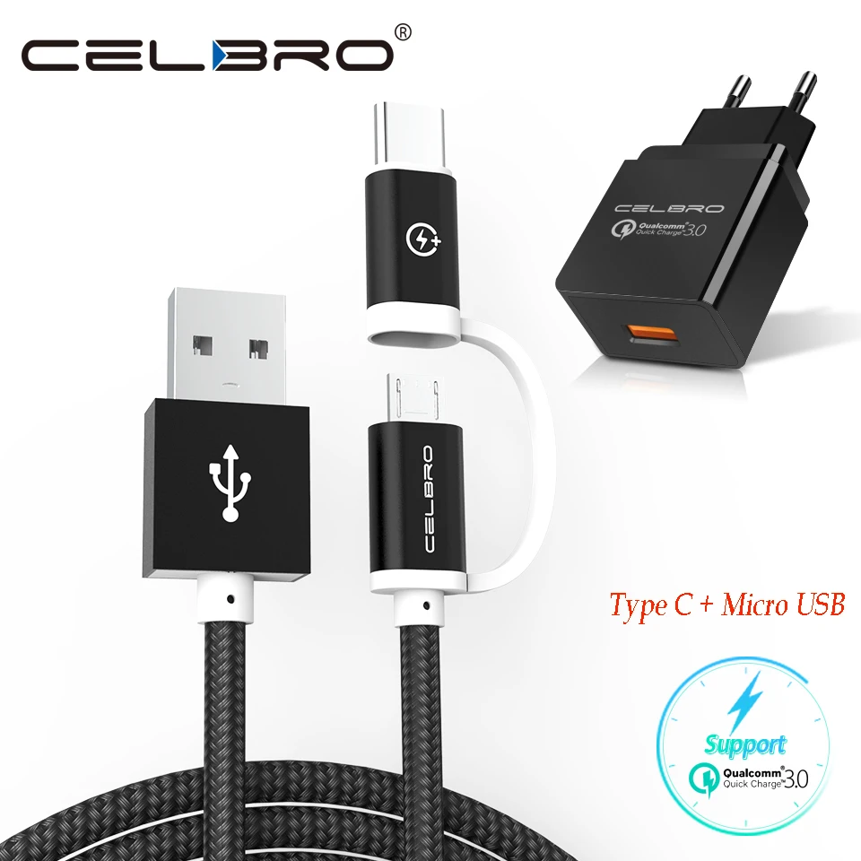 

USB Type C Fast Charging Cable Micro USB 2 In 1 Quick Charge QC 3.0 Dual Usb Charger Cable Phone Adapter For Samsung Huawei Usbc