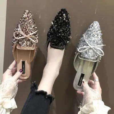 

Woman Pointed Toe Elegant Slipper Casual Shoes Women Slippers Crystal Bling Mules Slippers Female Mules Fashion Bow Knot Shoes