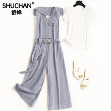 Shuchan Striped Rompers with Sailor Collar +white T-shirt 2piece Set Women 2019 Designer 2 Pieces Set Summer Women's Suits 51078