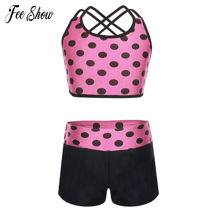 2PCS Girls Kids Tankini Set Polka Dots Swimsuit Ballet Dance Gymnastics Outfit