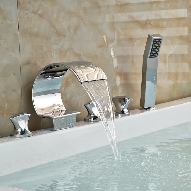 5PCS Bathtub Shower Faucet Set LED 3Handles Waterfall Hand Held Shower Mixer Tap 