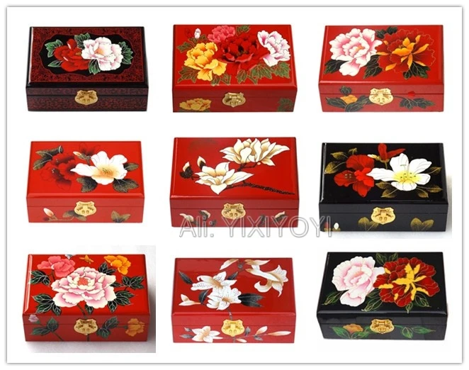

Ancient Chinese Handwork 2 Layer Flower Painting Wood Storage Box with Mirror Gorgeous Jewelry Display Box Carrying Case