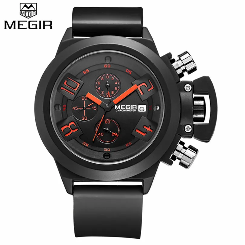 MEGIR спортивные мужские часы с хронографом и функцией s, лучший бренд, роскошные силиконовые наручные часы, мужские кварцевые часы, мужские часы - Цвет: black