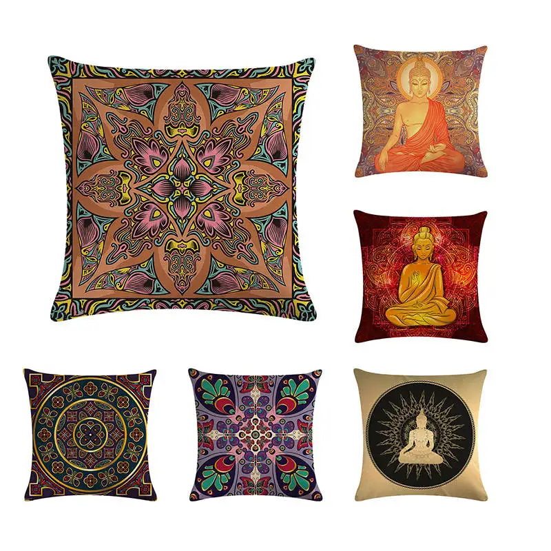 

Buddhism Element Cushion Cover Buddha Icon Deity God Lotus Bamboo Sunset Geometric Flower Room Sofa Decor Pillow Cases ZY235