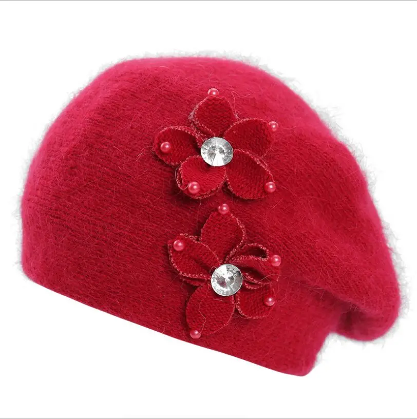 Горячая Распродажа, осенне-зимняя теплая шапка высокого качества, женский берет, женские береты-кепки, тонкая шляпа, шерсть, одноцветная кроличья шерсть, шапка для волос, цветок