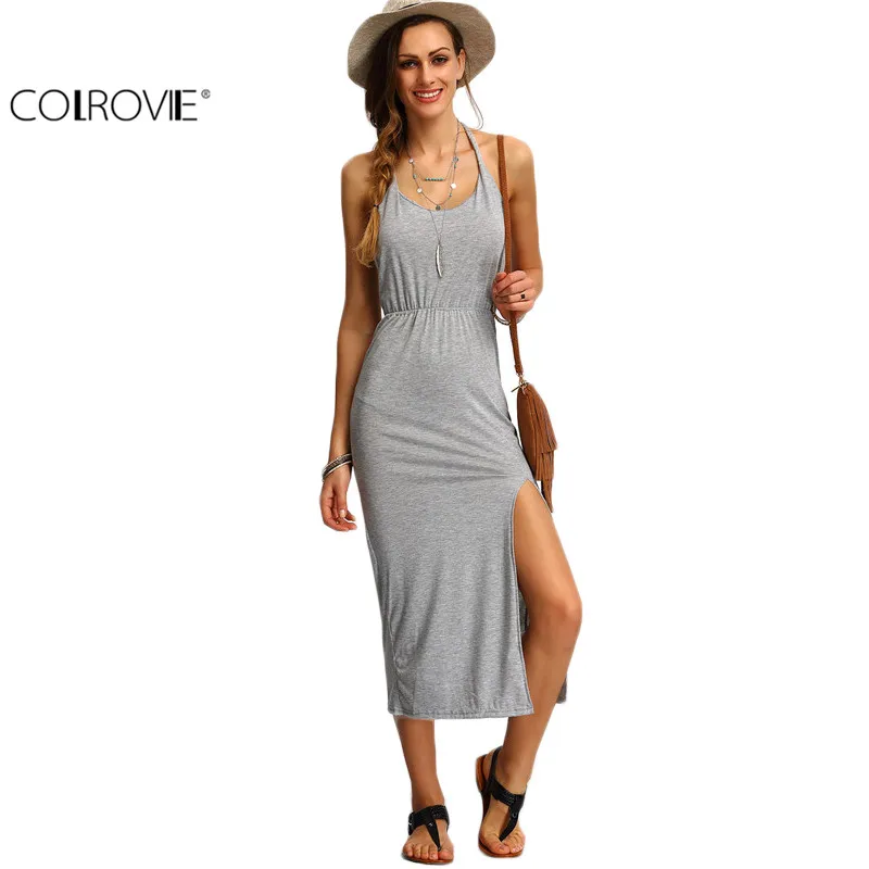 Colrovie Strand In Side Schede Lange Jurken Zomer Jurk Dames Halter Split Katoenen Backless Mouwloze gnSw0gqHr