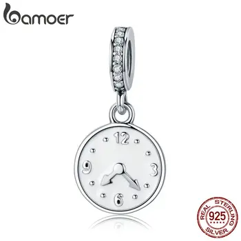 

BAMOER 100% Genuine 925 Sterling Silver Clock Happy Time Engrave Pendant Charm fit Women Bracelet Sterling Silver Jewelry SCC657