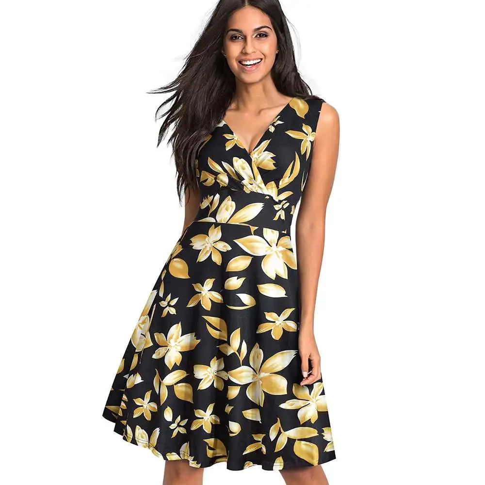 

Summer Women Vintage Elegant Floral Print Sleeveless Party Dress Sexy V-Neck Knee-Length Swing Skater Dress EA095