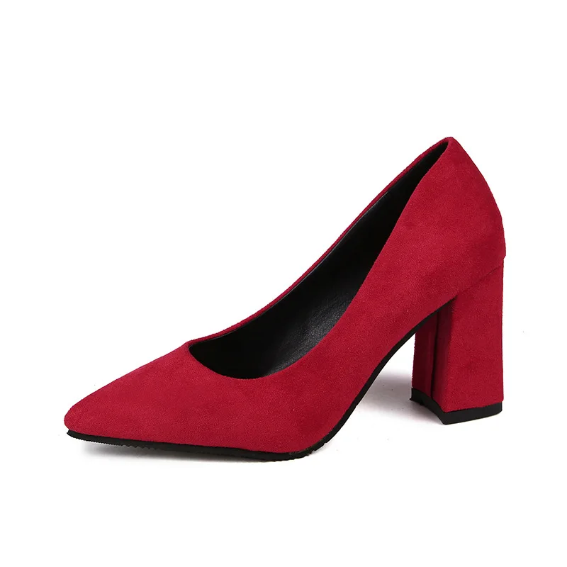 

Women Shoes Flock Pointed Toe Slip-On Shallow 8.5cm Thick High Heels Casual Lady Party Office Work Shoes Female Pumps Shoes