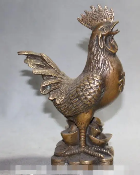 

S01901 8" Chinese Bronze Wealth Money Yuanbao Animal Cock Rooster Chicken Biddy Statue B0403