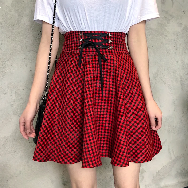 

2019 New Spring Autumn Harajuku Sexy Punk Style High-waisted Red Chequered Short Skirt Plus size A-shaped skirt