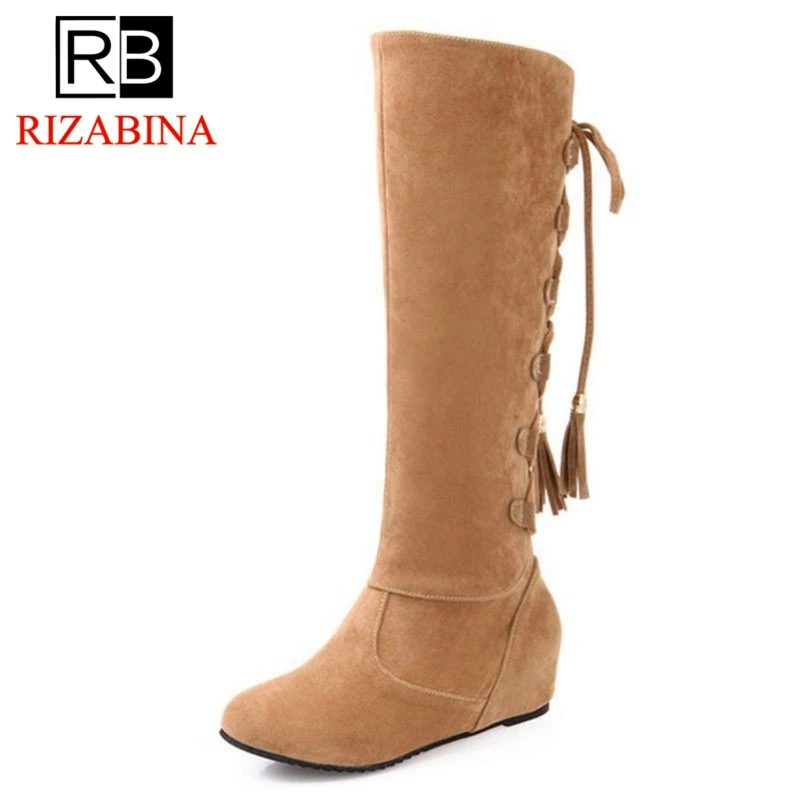 

RizaBina Size 33-43 4 Colros Women Flats Boots Winter Keep Warm Frienge Knee Boots Fashion Steew Shoes Women Footwear
