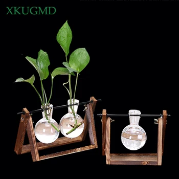 

Vintage DIY Hydroponic Plant Transparent Vase Flower Pot Wooden Frame Coffee Shop Room Glass Tabletop Office Plant Bonsai Deco