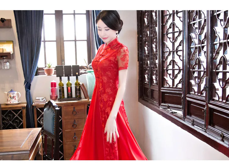 Новое поступление пикантные Кружево Cheongsam ретро элегантный длинный Cheongsam красный китайский традиционный Наряды на свадебную вечеринку