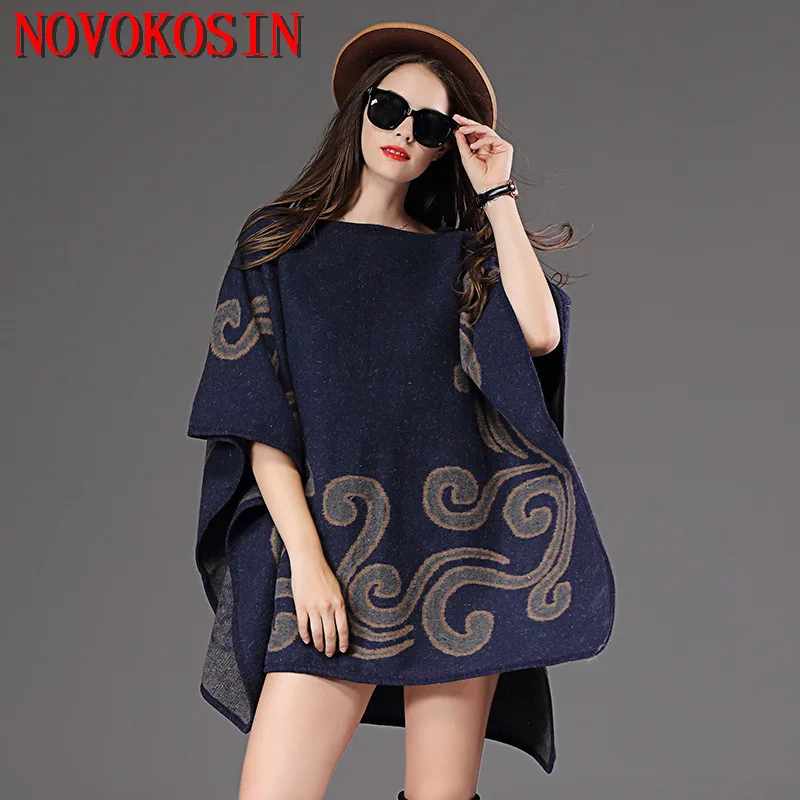 

2020 Plus Size Knitted Loose Women Poncho Autumn Winter Sweater Fashion Casual Bat Sleeves Printed Pullovers Lady Coat