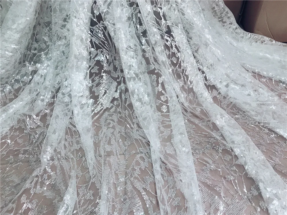 125 см Ширина 1 ярд блестки сверкающие Роскошные Великолепная вышивка белое свадебное платье кружево ткань кутюр кружевная ткань