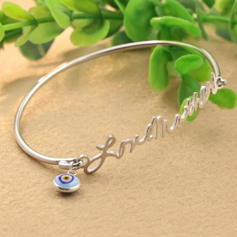 Custom Nameplate Solid Silver Bracelet With Lucky Evil Eye Personalized