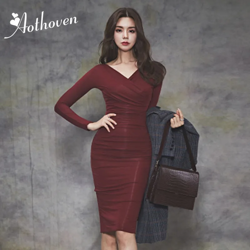 

Spring Womens Dress Burgundy V Neck Long Sleeve Bandage Vintage Party Sexy Dress Bodycon Office Ladies Midi Pencil Wrap Dresses