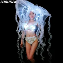 Сексуальное Белое жемчужное бикини женский костюм светодиодный бюстгальтер с кристаллами шляпа ночной клуб бар сценический наряд модель Подиум DJ представление танцевальная одежда