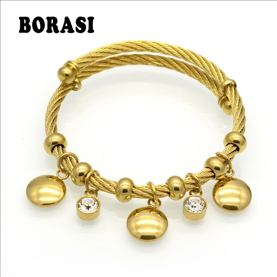 

High Polish Smooth Cabochon Charms Bracelets Adjustable Expandable Stainless Steel Wire Bangles For Women Fine Jewelry