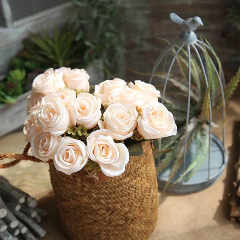 Artificial Silk 6 Bunch Floral Bouquet Rose Fake Flowers with Leaf Arrange Table Daisy Wedding Home Decor Party Accessory Flores