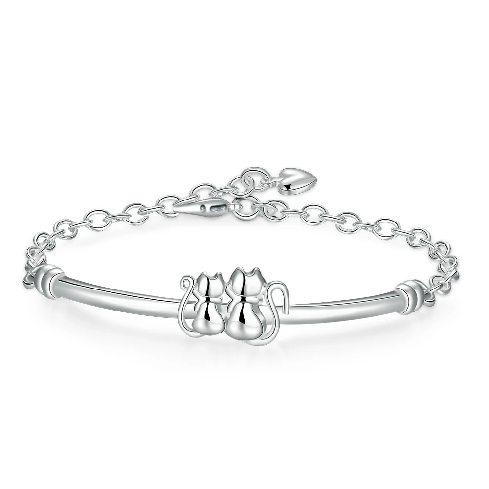 Прекрасный подарок ювелирные изделия 925 пробы серебряный милый кот Очаровательный Браслеты для женщин девочек цельный