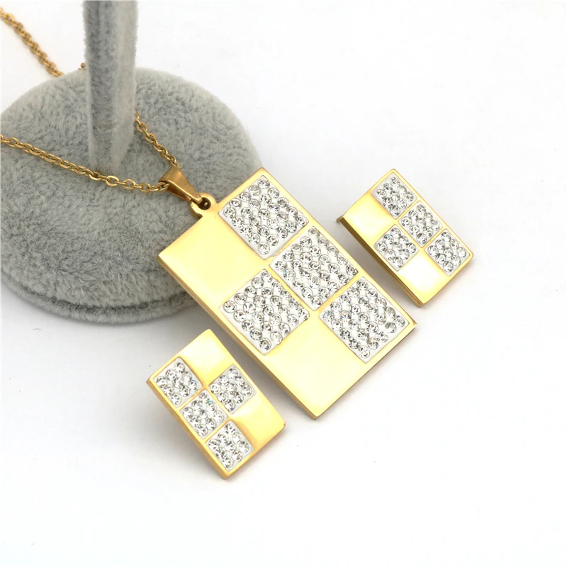 

Romantic Crystal Earrings Necklace Set Gold Color Chain Stainless Steel Jewelry Sets Wedding Jewelry Valentine's Gift