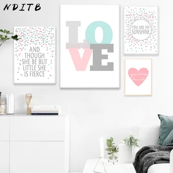 

NDITB Pink Heart Dot Canvas Art Posters Love Nursery Prints Minimalist Painting Wall Picture for Baby Girls Living Room Decor