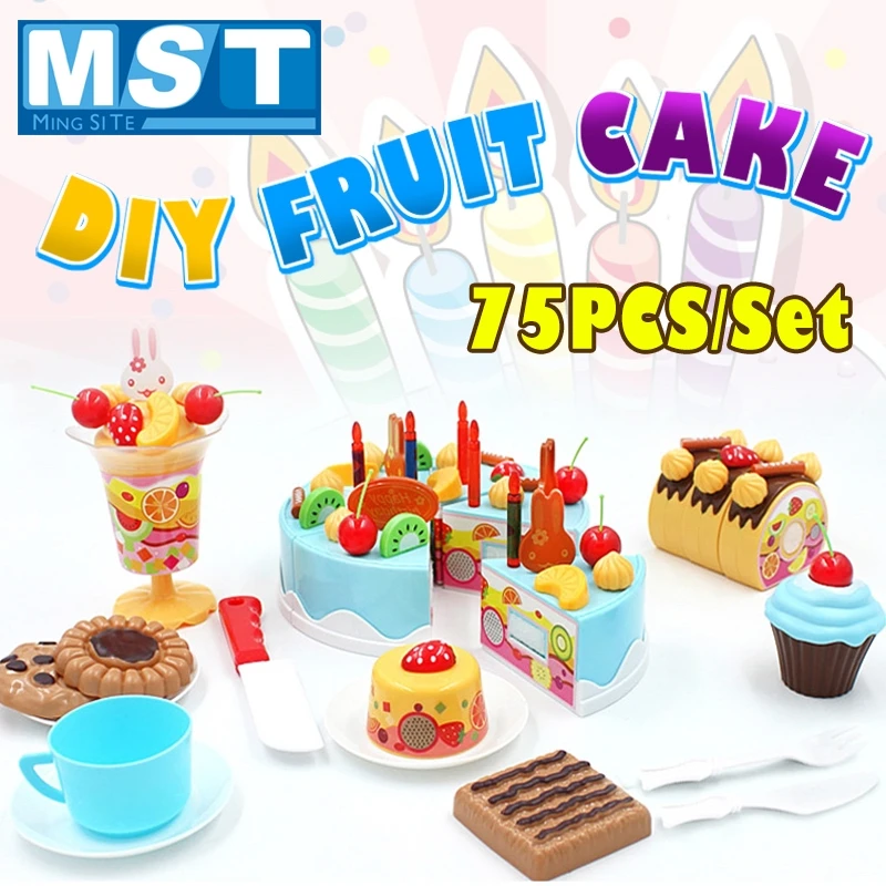 

75Pcs Pretend Play Birthday Cake Toy DIY Kitchen Toys Food Cutting Set Children Kids Pretend Play Toys set Gift for Children
