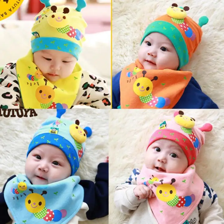 Осень зима 4 цвета милые Caterpillar Baby Beanie и нагрудники комплект детская шапка треугольный шарф костюм детские аксессуары для одежды