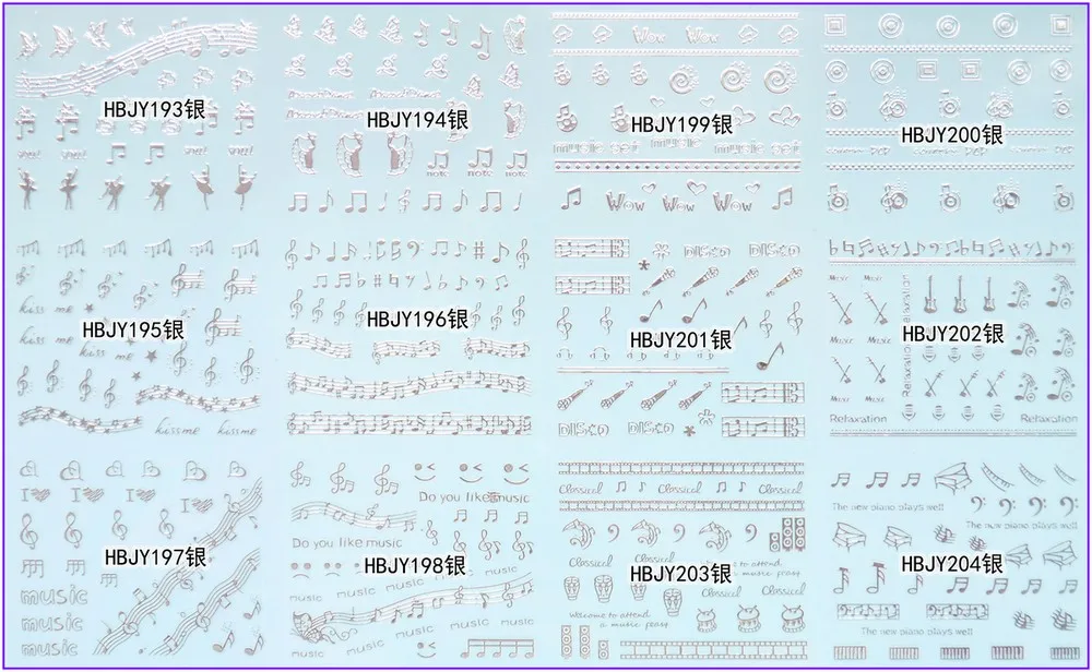 12 шт./лот, самоклеющиеся 3D наклейки для ногтей, татуировки, белые, черные, золотые, серебряные, сладкое сердце, мелодия, музыка, гитара, микрофон, HBJY193-204 - Цвет: HBJY193-204S