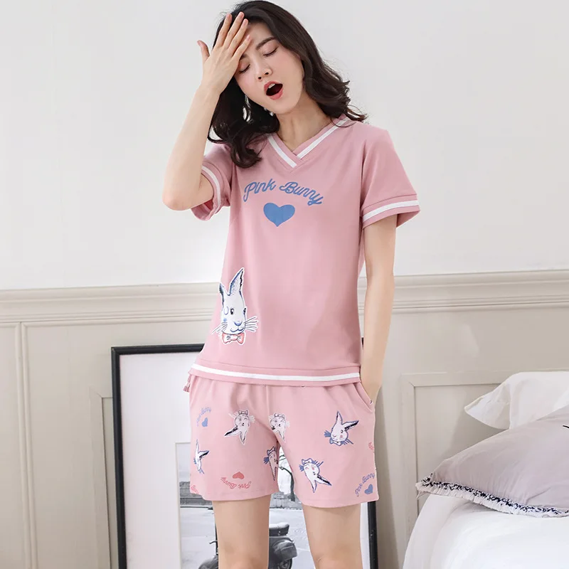 New 2019 Print Cute Rabbit Pajamas Women Girls Cotton Pajama Set Love