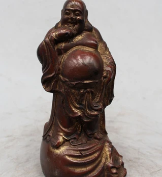 

7" Chinese Buddhism Wood Stand Happy Laugh Maitreya Buddha Money Bag Statue