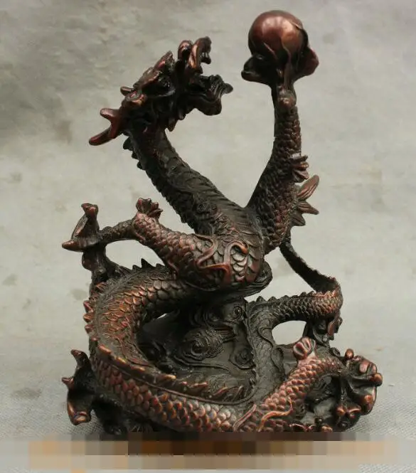 

S02218 7" China Chinese Red Bronze Feng Shui Lucky Circle Fly Hold Bead Dragon Statue B0403