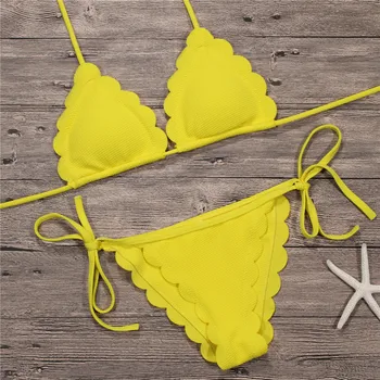 

2018 Design Yellow Bikini Scalloped Hem Bandeau Bikini Set Beach Wear Swimsuit Women Swimsuit Beach Bathing Suit XL