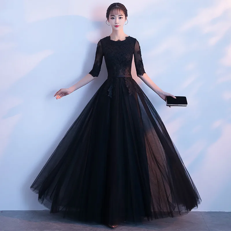 black long Robe de soiree Круглый вырез кружева с аппликация вечернее платье vestido de festa выпускное платье вечернее платье индивидуальный заказ 4 цвета - Цвет: black long
