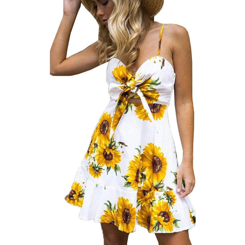 Yellow Sun Flowers Print Summer Dress 2018 Women Fashion Strap Sexy ...