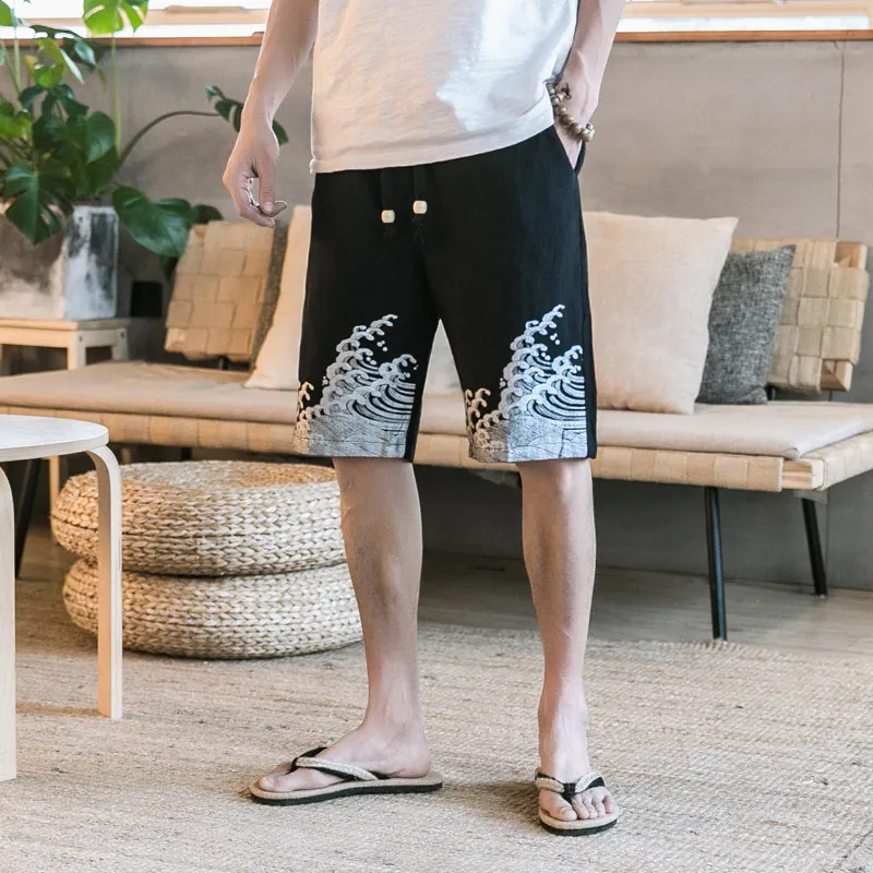 

Tradition Print Casual Cotton Linen Shorts Men Straight Loose Drawstring Knee Length Beach Shorts Men M-5XL