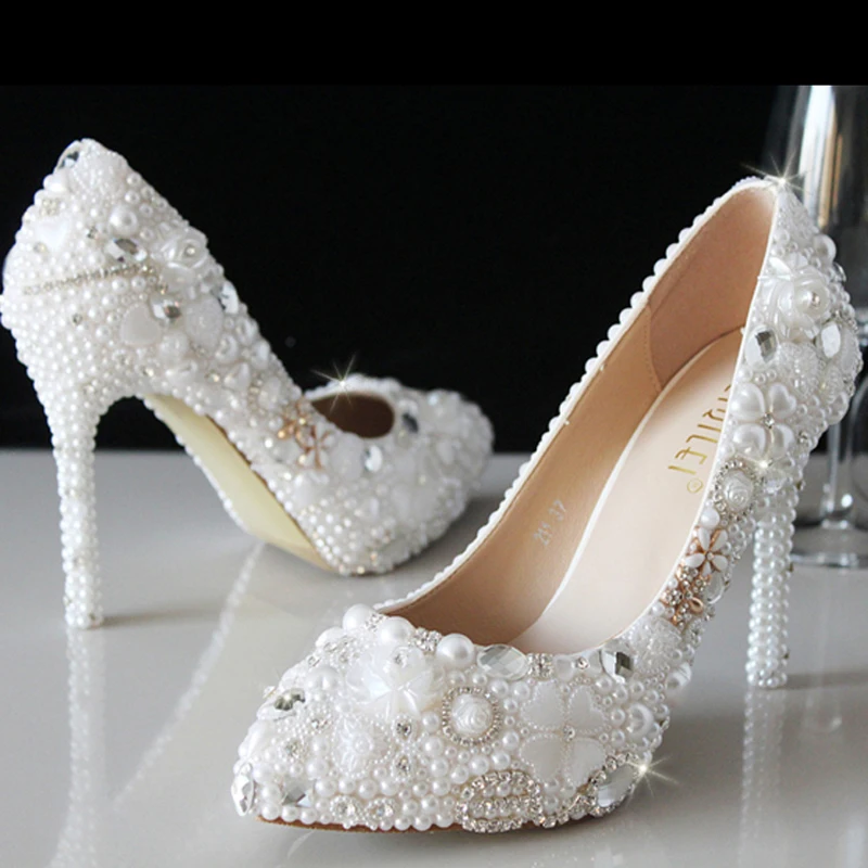 Luxury White Pearl Women High Heel New Evening Dress Pumps Crystal ...