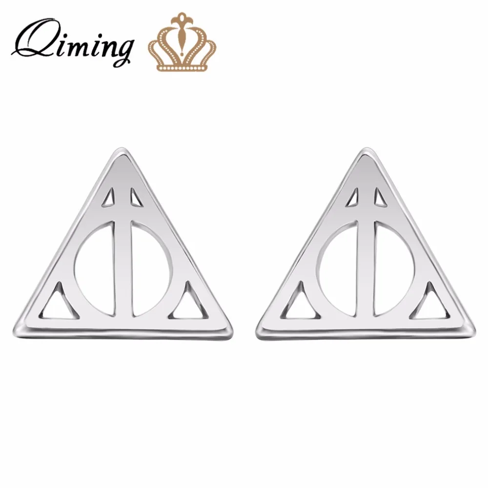 

QIMING 10pairs Gold Silver Plated Simple Hallows Triangle Stud Earrings for Women Girl Gift Fashion Punk Jewelry Wholesale