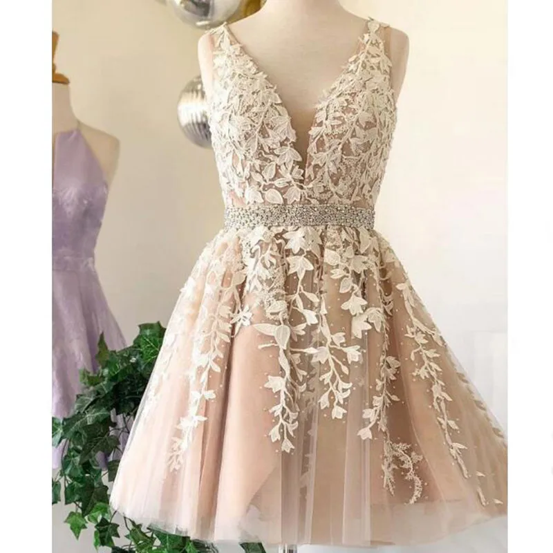 

Elegant Applique Short Homecoming Party Dresses Fashion Tulle Party Gown Knee Length A-Line Formal Dress Custom Any Color Free