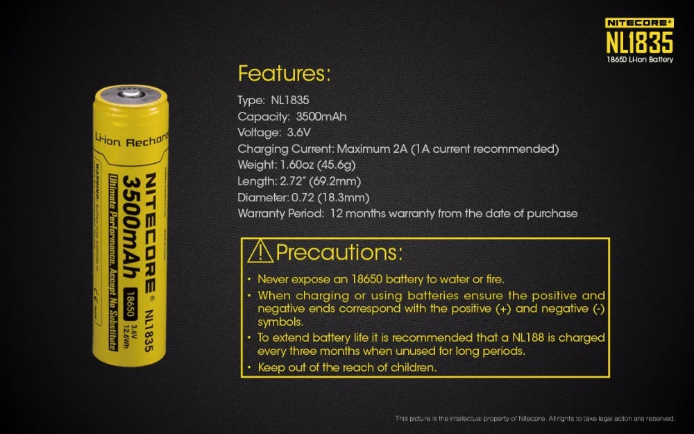 NITECORE 18650 3500mAh NL1835 3,6 V 9.6Wh литий-ионная аккумуляторная батарея с защитой от аккумулятора