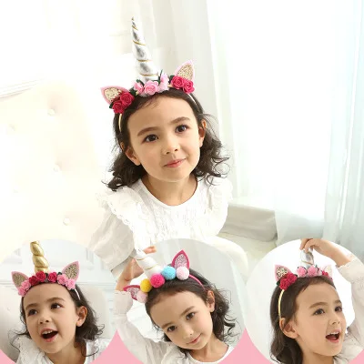 

retail Girls Unicorn Hairband Kids Tiara Party Flower Gold Glittery Beautiful Kids Bows Hair Accessories Hair Bands 1ps