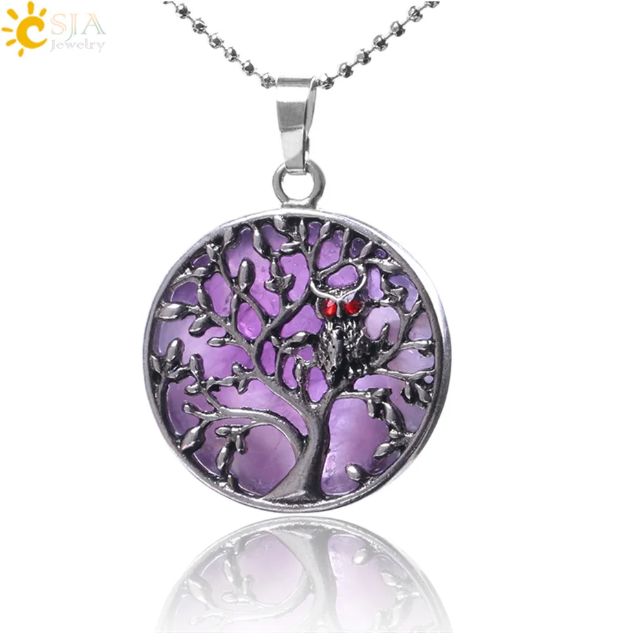 

CSJA Natural Stone Necklaces & Pendants Ancient Silver-color Hollow Tree of Life Round Flat Beads Pendant Women Men Jewelry F165