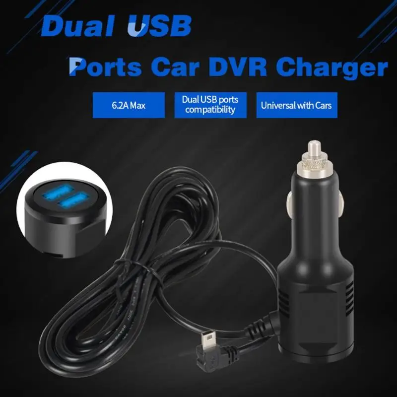 

Dual USB Port 6.2A Fast Quick Charging Adapter Smart Car Charger with 3.5m Mini USB Cable Wire for DVR GPS Tablet Mobile Phone